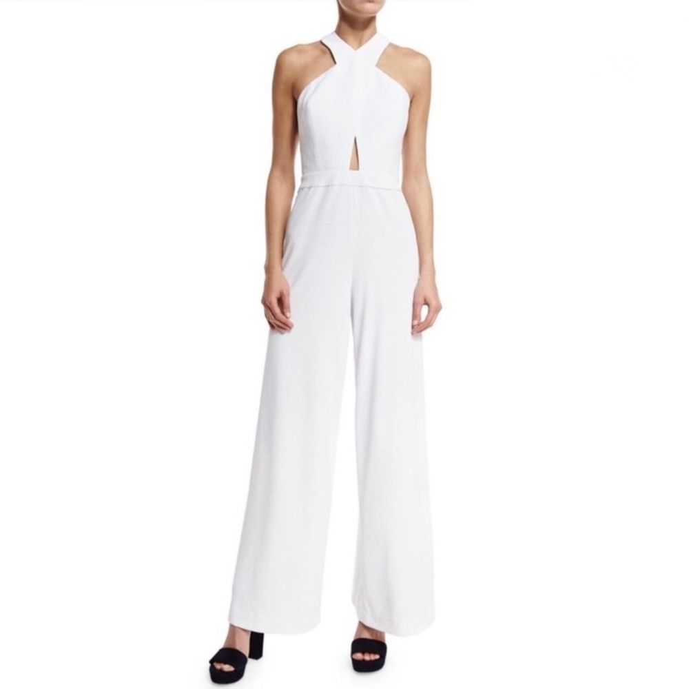 ALICE + OLIVIA WHITE CRISS-CROSS FRONT WIDE LEG JUMPSUIT